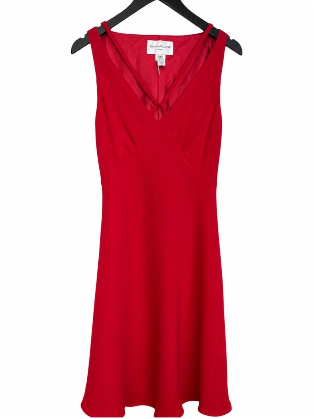 Evan Picone Bold Red V-Neck Midi Dress with Double Strap Detail